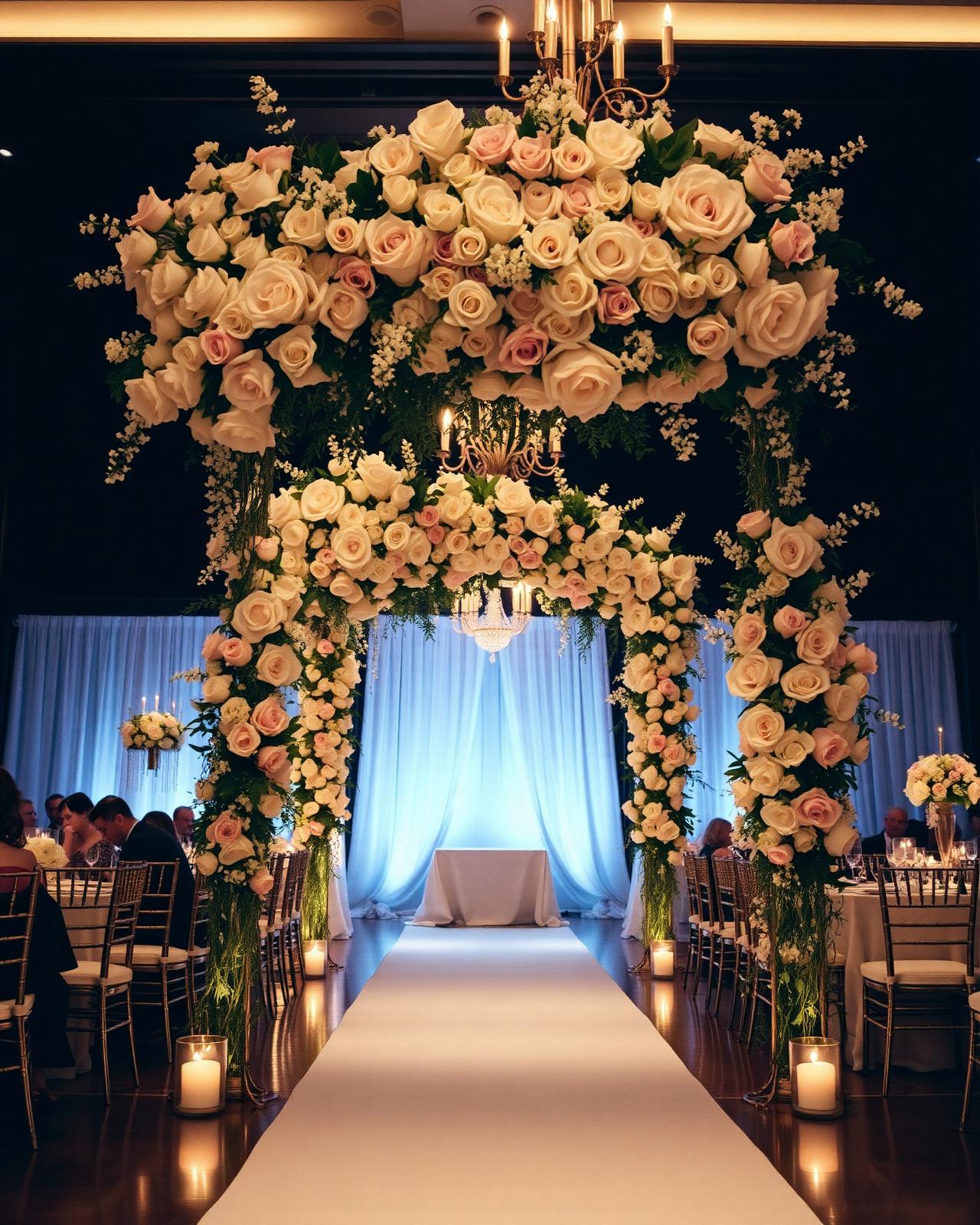 Floral arch installation at a wedding reception