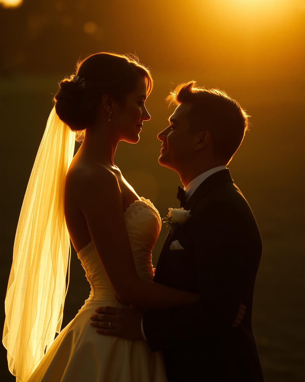 Bride and groom at golden hour