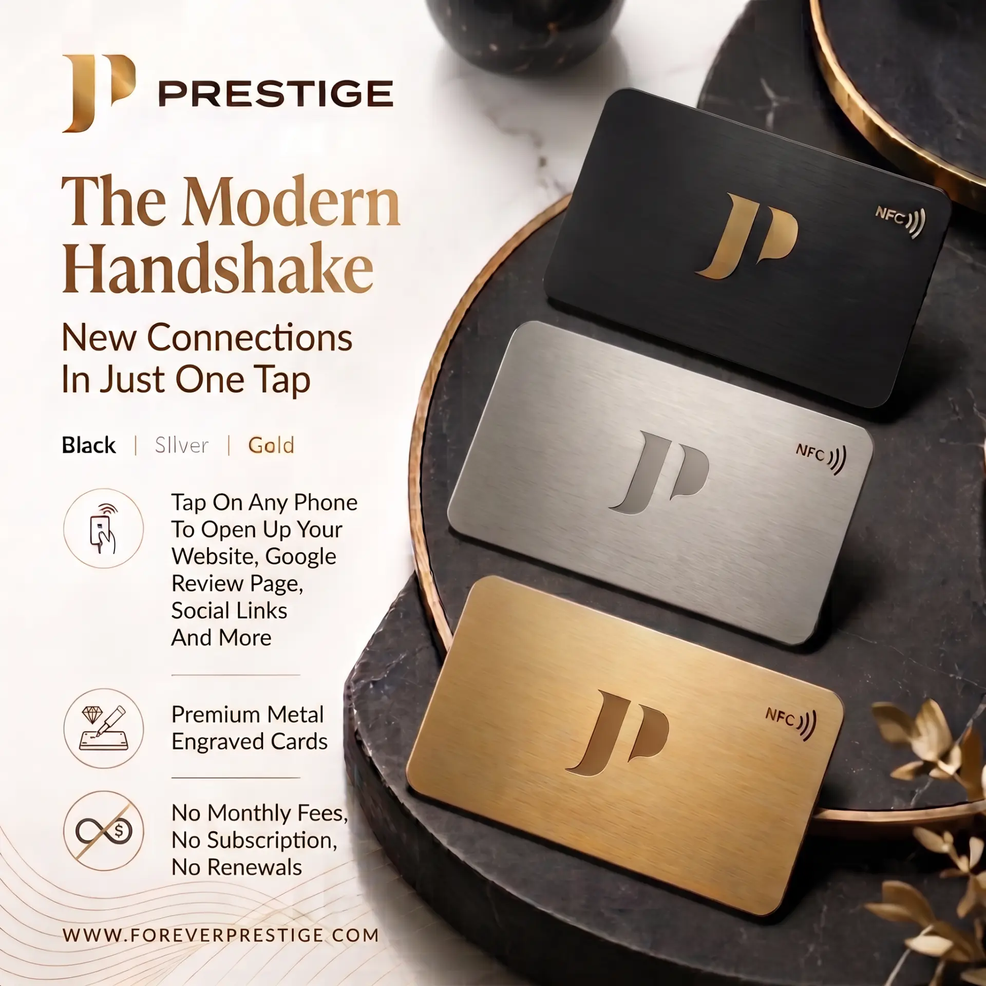 Prestige digital business cards in black, silver and gold