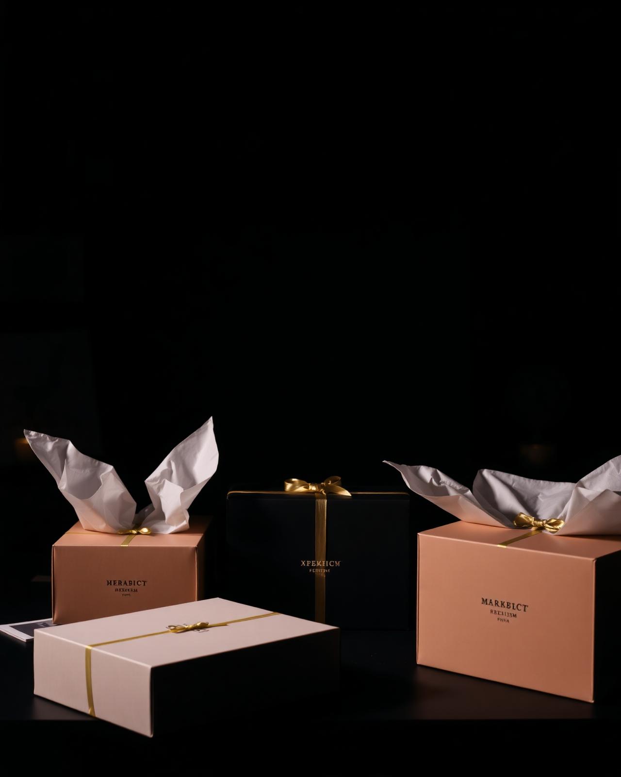 Premium branded packaging on a dark surface