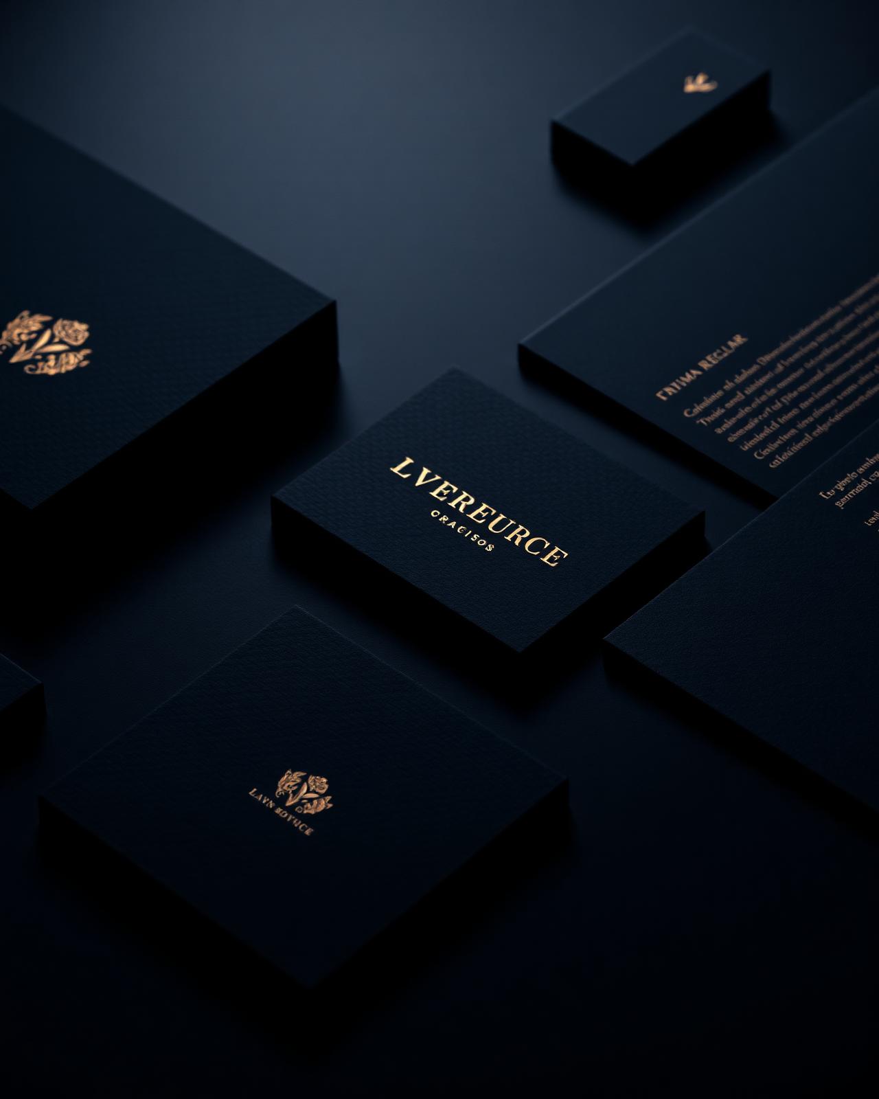 Gold foil brand stationery on a dark surface