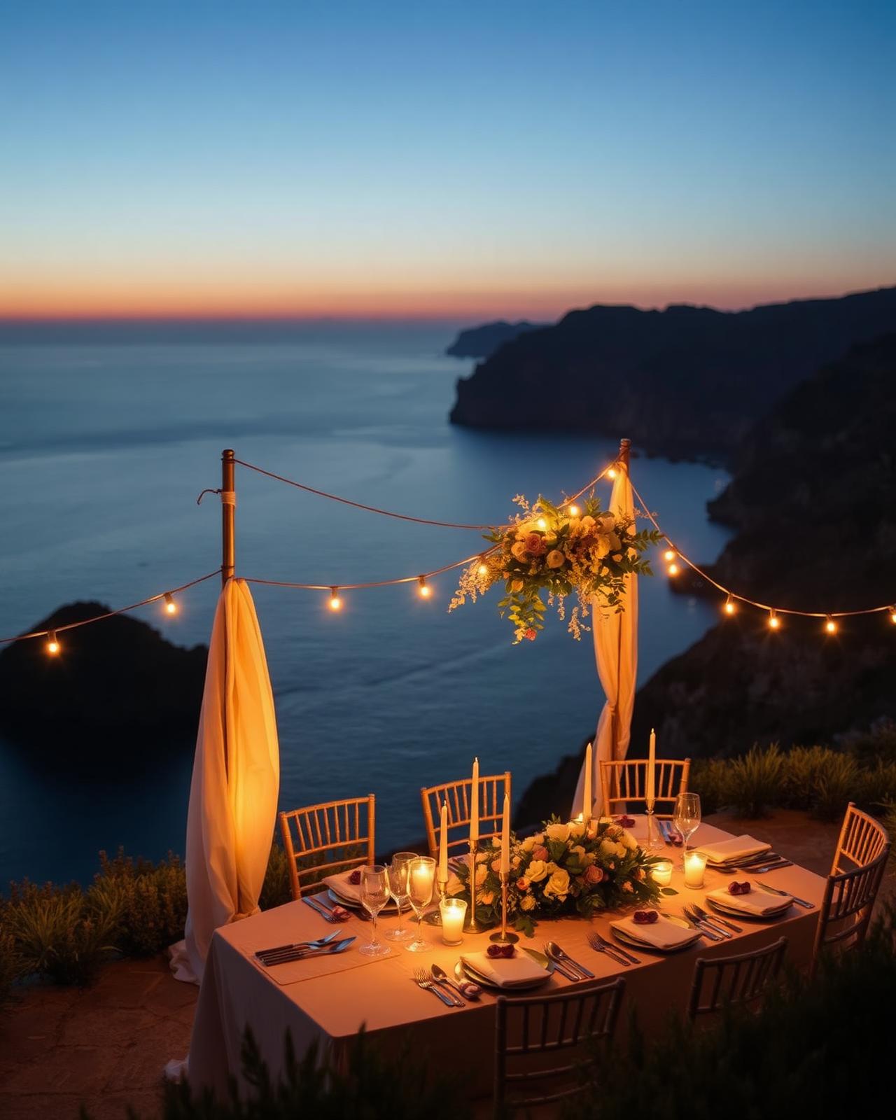 Cliffside destination wedding table at dusk